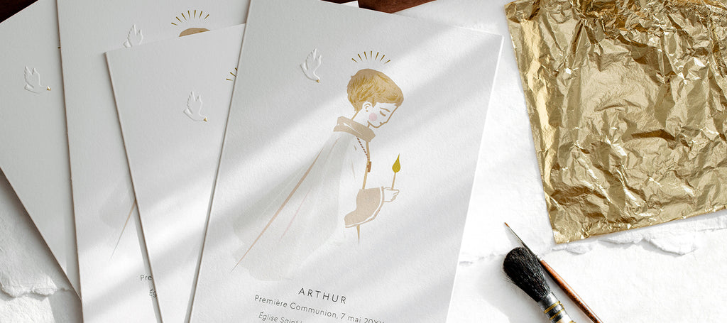 Baptême, communion, confirmation. Autour des grandes étapes de la foi, Minty Hours crée des dessins exclusifs et façonne artisanalement des cartes et des signets personnalisés sur papier de prestige.