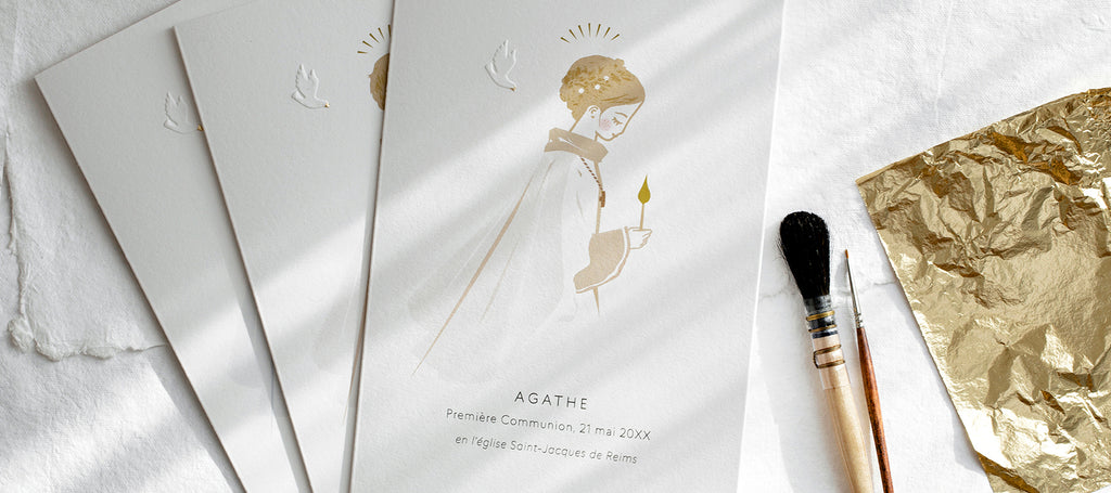 Baptême, communion, confirmation. Autour des grandes étapes de la foi, Minty Hours crée des dessins exclusifs et façonne artisanalement des cartes et des signets personnalisés sur papier de prestige.